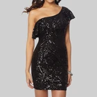 sexy dress women 2019 one shoulder high ruffles asymmetrical neck sequined luxury short flow black dress evening party