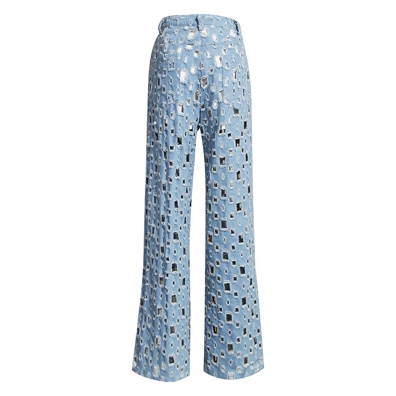 PURPLEWIND OEM Hole Hollow Out Tassel Denim Trousers Women High Waist Streetwear Wide Leg