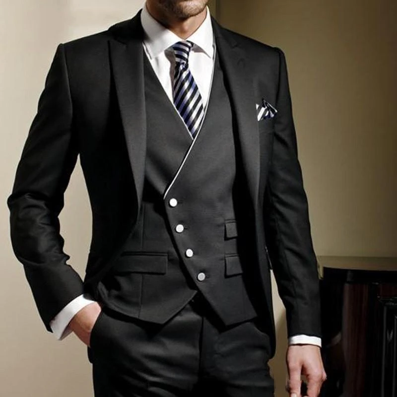 Лучшее качество; деловая Мужская обувь черного цвета, костюм, тонкая хорошо подогнанная Мужская мода костюмы со смокингом жениха пиджак-блейзер для мальчика на свадьбу, выпускной, куртка, штаны и жилетка, 3 предмета,