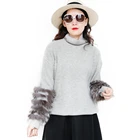Hot sale girls sweater design silver fox fur sleeves women pullover custom knit sweater