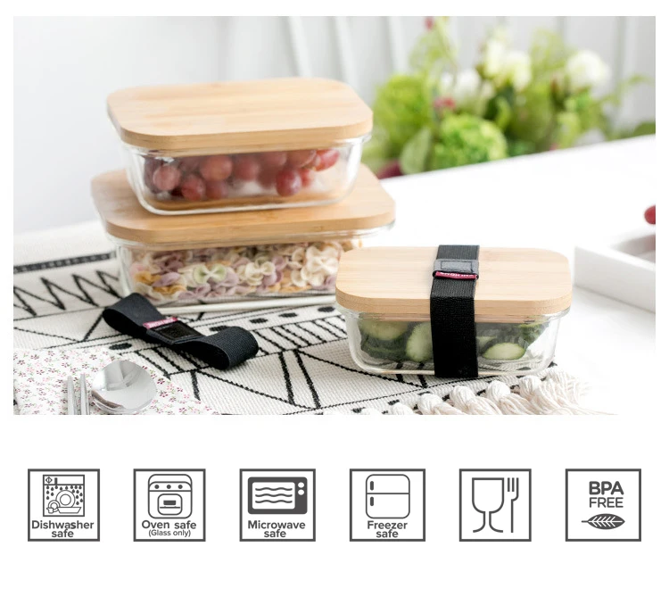 Fashion style eco friendly food container galss wholesale bamboo lunch box