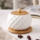 Wholesale luxury mini seasoning condiment porcelain ceramic container set spice jars with glass bamboo wood lid