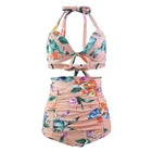 Plus size split two piece swimwear sexy bikini tummy control floral strap hanging neck front bow swimwear women high waist