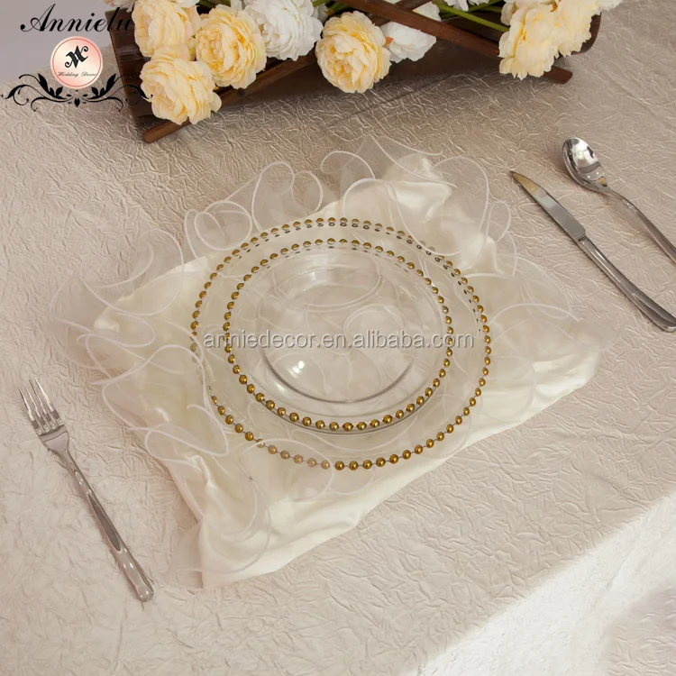 Wholesale wedding gold silver beaded charger plates with curly organza placemats for wedding table decorations