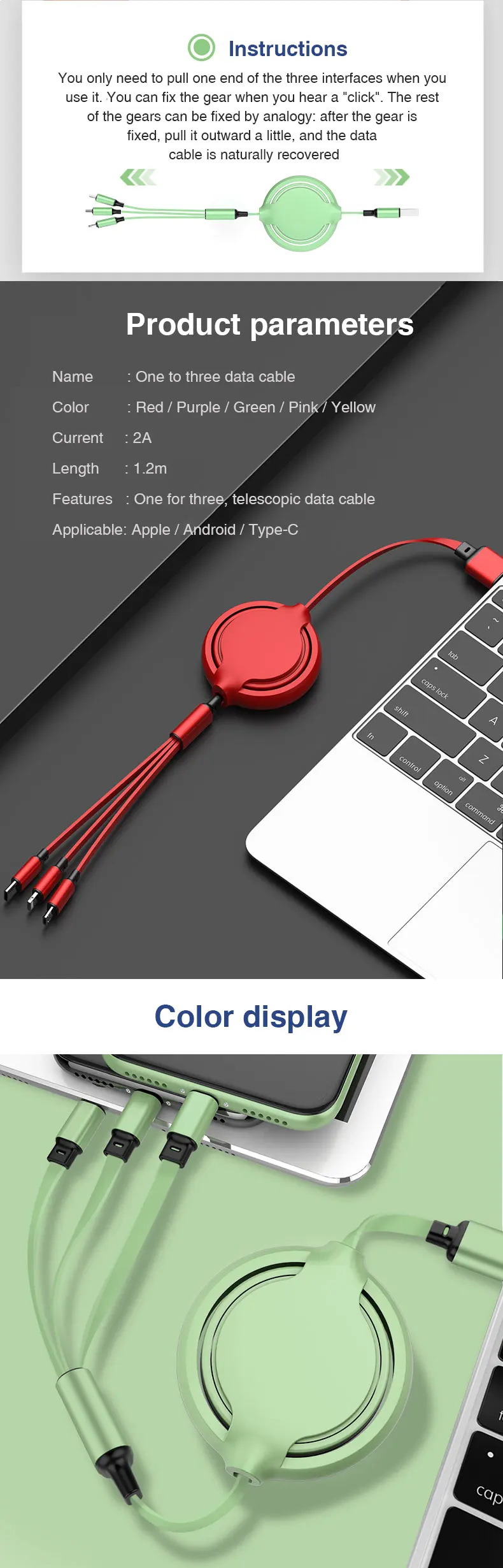 3 In 1 Usb Cable Micro Usb Fast Charging Nylon 2A 10 Years ODM & OEM Manufactory 3C Mobile Phone Accessories Data line cable