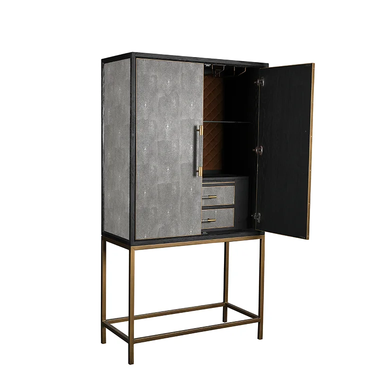 Modern contemporary gold metal base faux shagreen leather wine cabinet