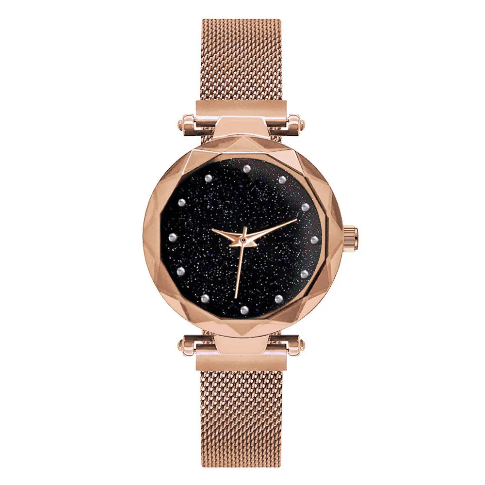 Top Brand Wristwatch Rose Gold Mesh Magnet Buckle Starry Quartz Watch Geometric Surface Casual Women Quartz Wristwatch N0056