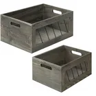 Set of 2 vintage gray metal wire nesting wooden crate box large