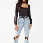 Satin Blouse Satin Women Satin Shirts Satin Mock Neck Cutout Women Blouse Square Neck Black Ladies Formal Blouse