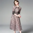 100% polyester summer fashion leopard print round neck big swing style lace dress