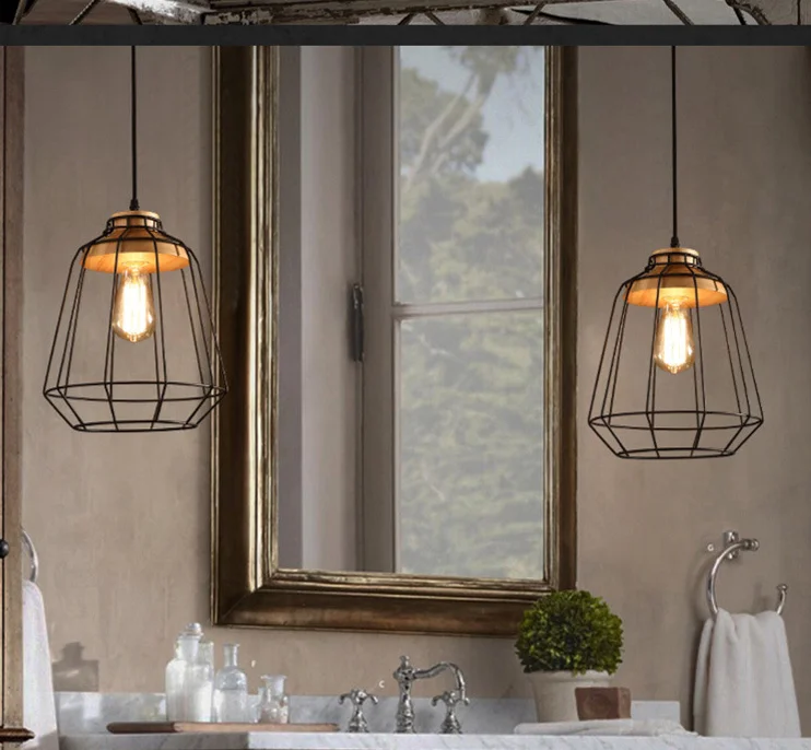 Artdecolite Industrial Loft Geometric Black Metal Cage Single Light Wood Art Pendant Light