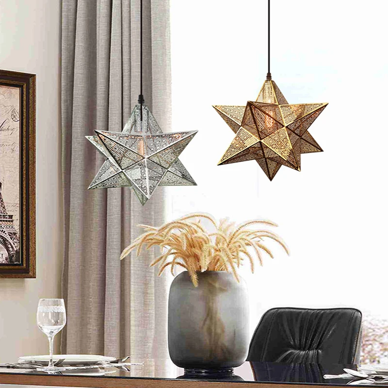 Factory price modern web etched decorative stainless steel pendant light led Pentagram pendant light led star shaped chandelier