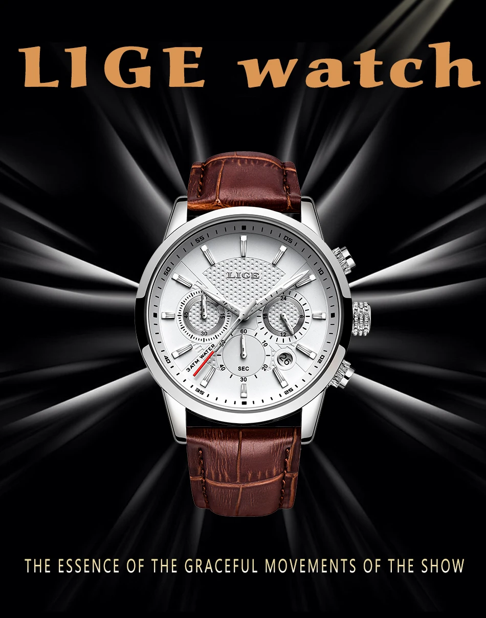 LIGE 9866 classic High Quality Watch Quartz Chronograph Leather Waterproof