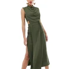 OEM Service Women 2019 New Style Tall Minimal Midi Dress In Crepe With Drape Front Cut-out Design