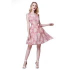 Summer sashes dress pink pleated sleeveless dress new style lady striped silk dress