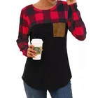 K3 top Women's O-Neck Plaid Stitching Pocket Casual Tops Autumn Long Sleeves fashion hot 2019 female clothes tee shirt
