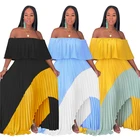 07AF293 hot sale color block off shoulder casual summer pleat maxi chiffon wholesale cheap woman casual long dress