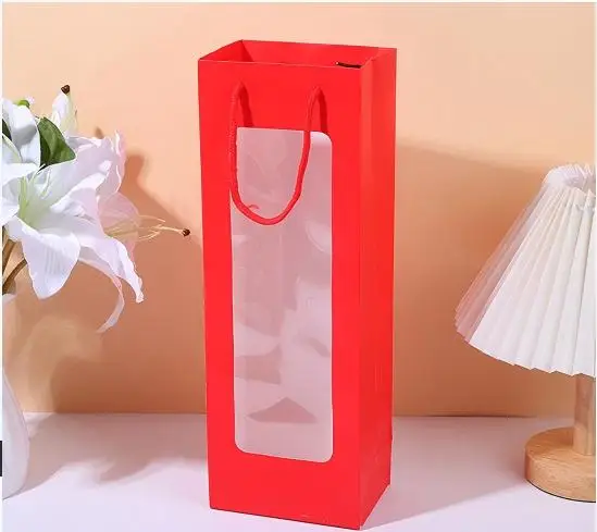 Durable luxury single wine bottle gift bag with art paper transparent window Durable luxury single wine bottle gift bag with art paper transparent window