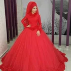3D Floral Long Sleeve Muslim Bridal Red Wedding Dress Ball Gown