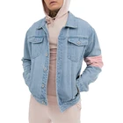 Jacket OEM Custom Mens Patchwork Distressed Denim Jacket With Pink Arm Band