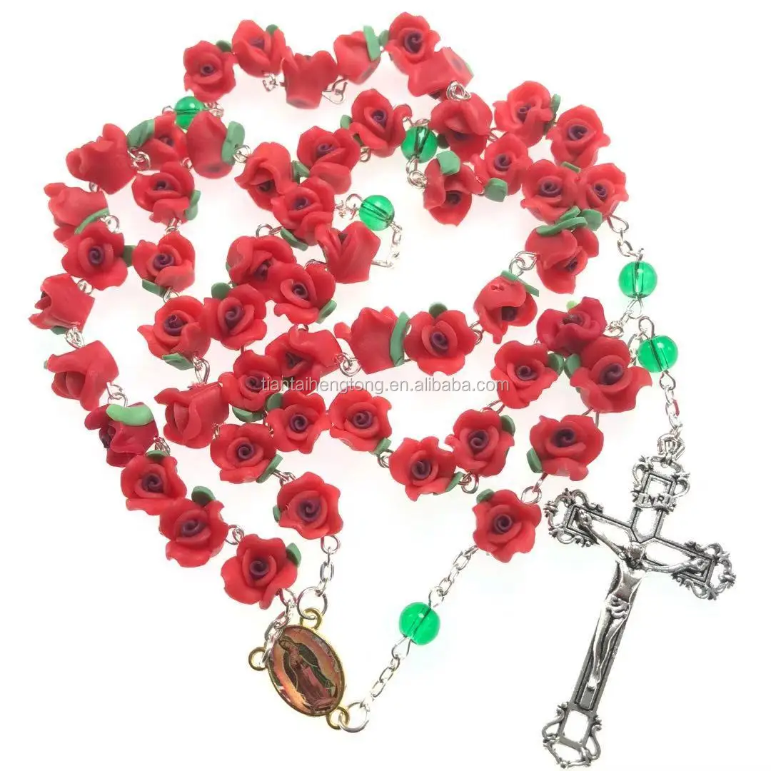 catholic necklace soft clay rose rosary jesus cross necklace