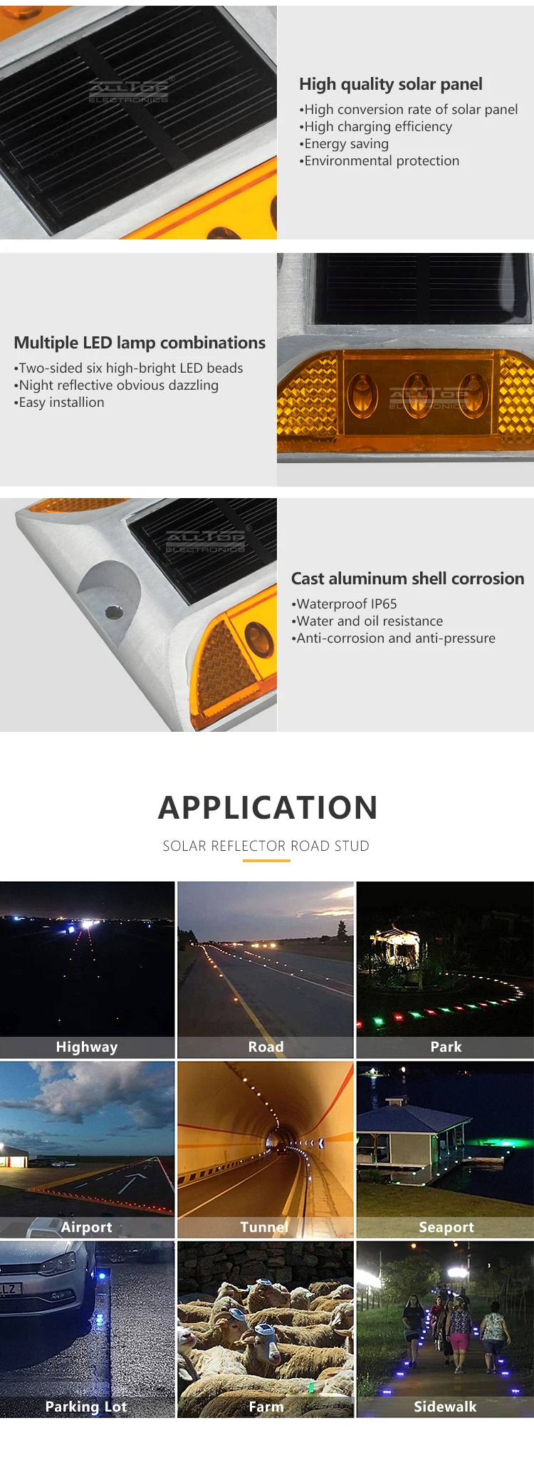 ALLTOP High quality outdoor waterproof IP65 solar road led reflector