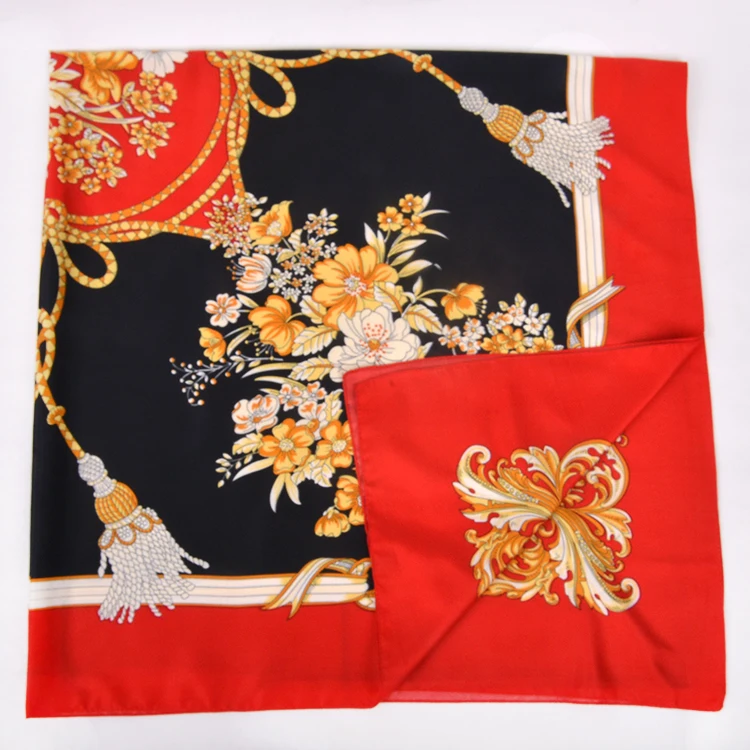 Fashion Custom Design FENNYSUN 130*130cm Large Long Twill Square Satin Polyester Silk Wholesale Shawl Neck Scarf