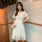 2019 summer vintage French square collar lace mesh patchwork mid-length dress for ladies