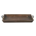 Distressed Torched Antique Wood Serving Ottoman Tray With Black Metal Handles