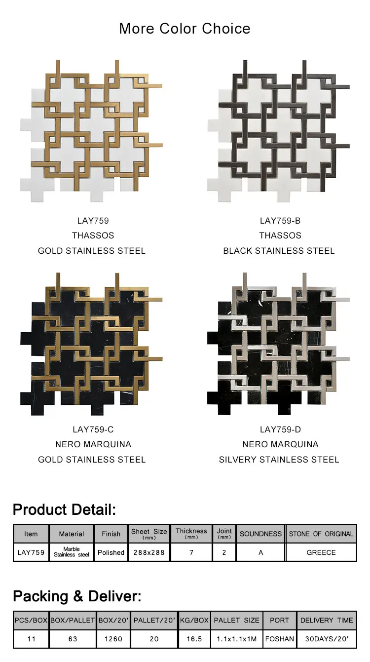 new design white thassos marble with gold stainless steel mosaic tile