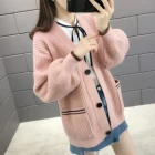 Wholesale striped cuff pockets before loose style open front cardigan sweater for women