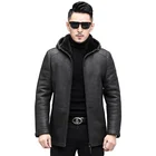 Imbettuy Men Genuine/Real Sheepskin Leather Shearling Jacket Natural Lamb/Wool Fur Lining Coat with Hooded