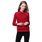 Women's fitted blouse ladies bow neck safari style blouse tops long sleeve embroidered blouse