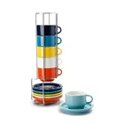 Metal Designer Coffee Cups Porcelain Stackable Espresso With Saucers And Stand - 4 Ounce For Specialty Drinks Single/Double