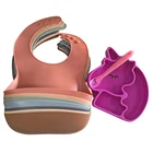 Wholesale waterproof silicone bib set silicone baby bib with plate and spoon
