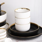 Factory Direct European Style Luxury Matte Black Gold Rim Ceramic Plate For Restaurant