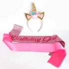Factory Unicorn Headband and Birthday Girl Sash Set Gold Glitter Unicorn Horn Satin Rainbow Sash for Birthday Party