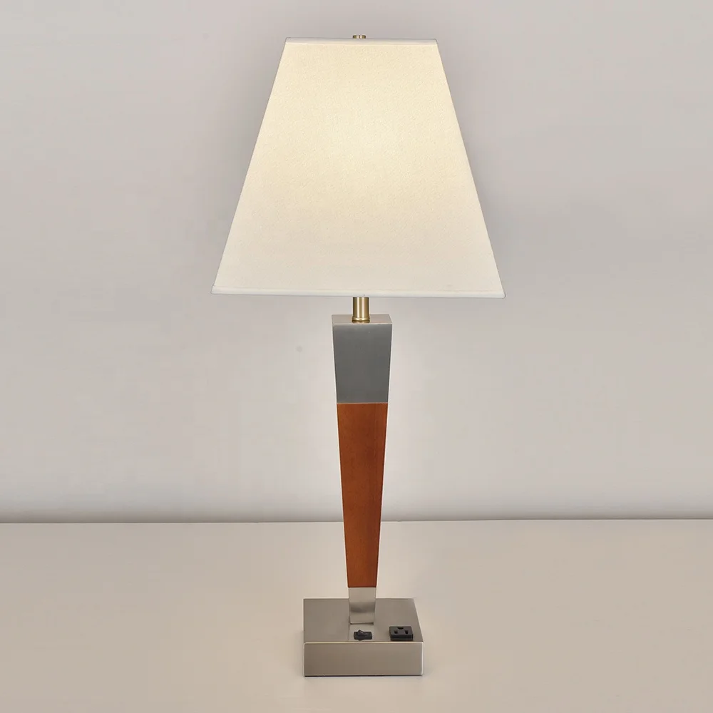 White Linen Fabric Shade Hotel Bedroom Lamp Brushed Nickel Wood Iron Table Desk Light with Outlet Port