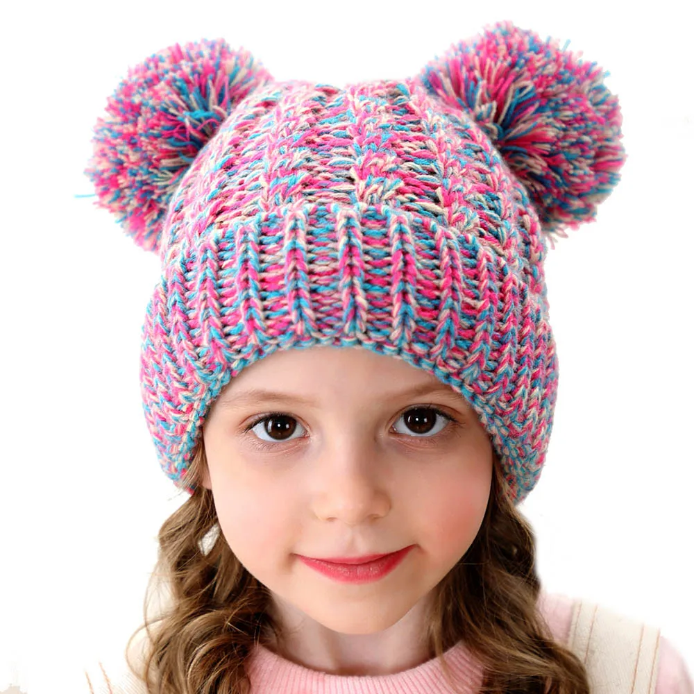 Q351 Модные Милые Девушки Hat зима сплошной цвет младенцев шапочка теплый вязаный двойной Pom Beanie