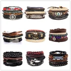 V&R Fashion skull stainless steel bangle jewelry Adjustable braid brown leather men bracelets sets