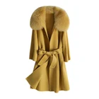 New Design Winter Ladies Belt Women Trench Coat Real Fox Fur Collar Long Coat Female Wool Coats Women