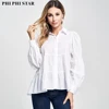 Office style Casual Shirt Tops Elegant women fashion Simple white Turn-down collar Puff sleeve ruffle Dip hem blouse ladies