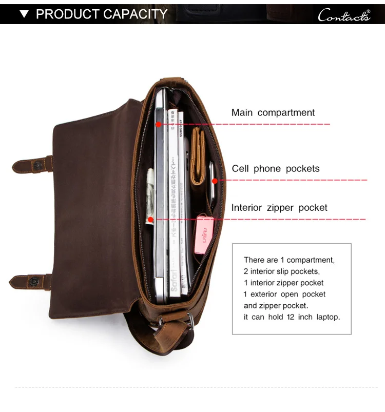 Contact's Luxury Crazy Horse Leather Briefcase Soft Bag for 12 inch laptop