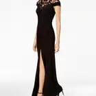 Elegant Evening Party Sexy Sequin Illusion Slit Gown Bodycon Black Lace Maxi Women Dress