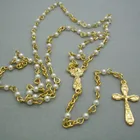 3mm Mini Bead Rosary Necklace Religious Christian Jewelry Cross Pearl Necklace