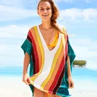 New Style V Neck Rainbow Stripe Crochet Batwing Sleeve Blouse Beach Dress Swimsuit Cover Up