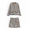 Business slim fancy fashion office with pockets formal ladies Two Piece Tweed short Blazers mini skirt suit Women jacket set