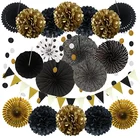 Paper Fans Party Decoration 21 Pcs Black And Gold Hanging Paper Fans Pom Poms Flowers Garlands String Polka