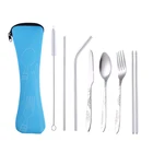 Outdoor Portable Picnic Stainless Steel Tableware with Bag fork and knife set Chopsticks Straws 7 Piece portable cutlery set