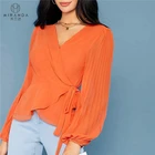 Side Blouse Blouse Sleeve Blouse Wholesale Custom Casual Pleated Lantern Sleeve Knot Side Wrap Top Blouse Women